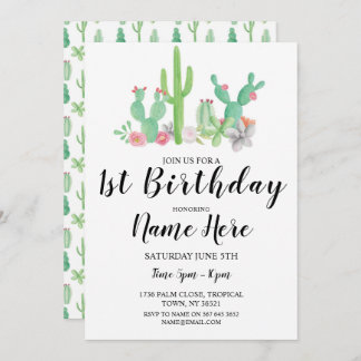 Invitación 1.ᵉʳ Fiesta de cumpleaños acuarela Cactus Cacti Un