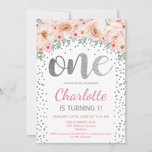 Invitación 1.ᵉʳ Fiesta de cumpleaños - Blanco Plata Rosa (Anverso)