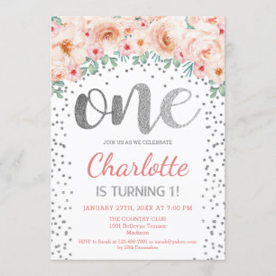 Invitación 1.ᵉʳ Fiesta de cumpleaños - Blanco Plata Rosa
