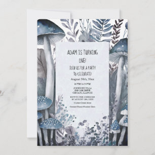 Invitación 1.ᵉʳ Fiesta de cumpleaños Blue Mushrooms Boho Wood