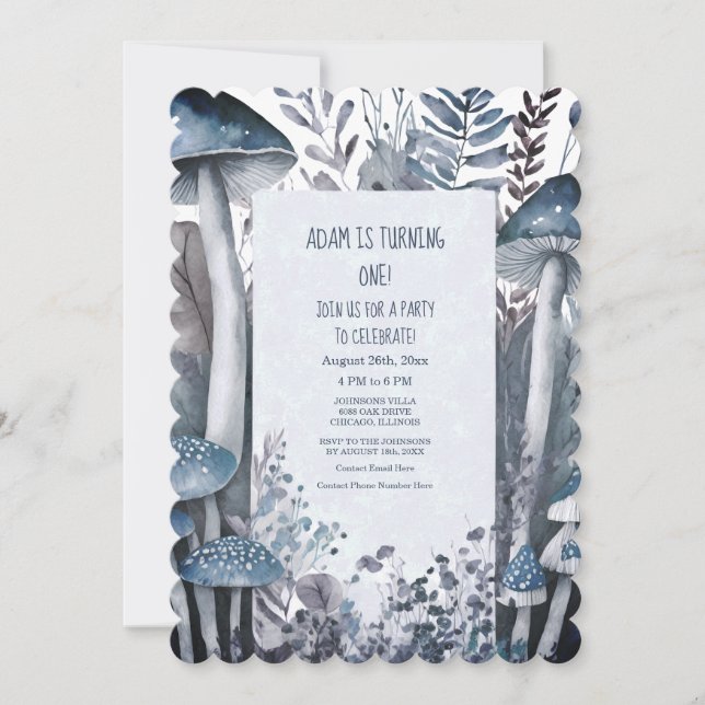 Invitación 1.ᵉʳ Fiesta de cumpleaños Blue Mushrooms Boho Wood (Anverso)