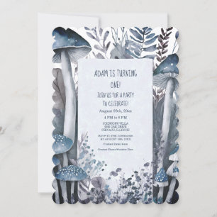 Invitación 1.ᵉʳ Fiesta de cumpleaños Blue Mushrooms Boho Wood