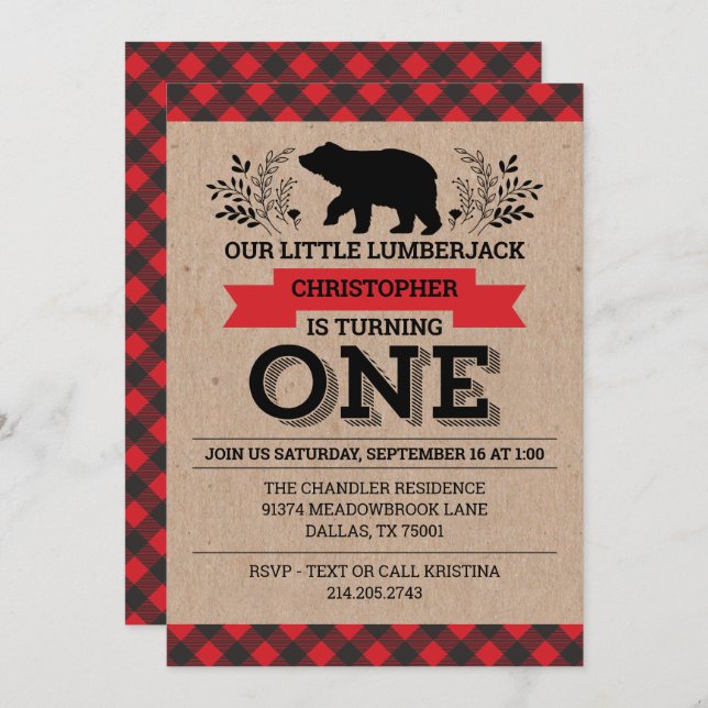 Invitación 1.ᵉʳ Fiesta de cumpleaños Buffalo Plaid Lumberjack (Anverso / Reverso)