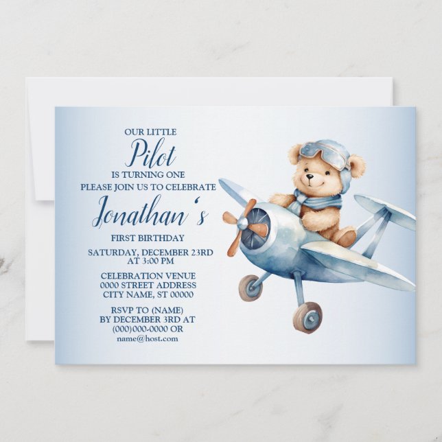 Invitación 1.ᵉʳ Fiesta de cumpleaños con piloto de oso azul l (Anverso)