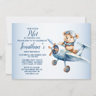 Invitación 1.ᵉʳ Fiesta de cumpleaños con piloto de oso azul l