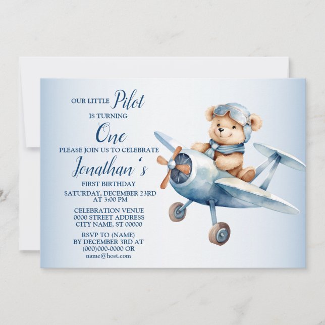 Invitación 1.ᵉʳ Fiesta de cumpleaños con piloto de oso azul l (Anverso)