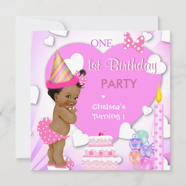 Invitación 1.ᵉʳ Fiesta de cumpleaños de etnia africana rosada (Anverso)