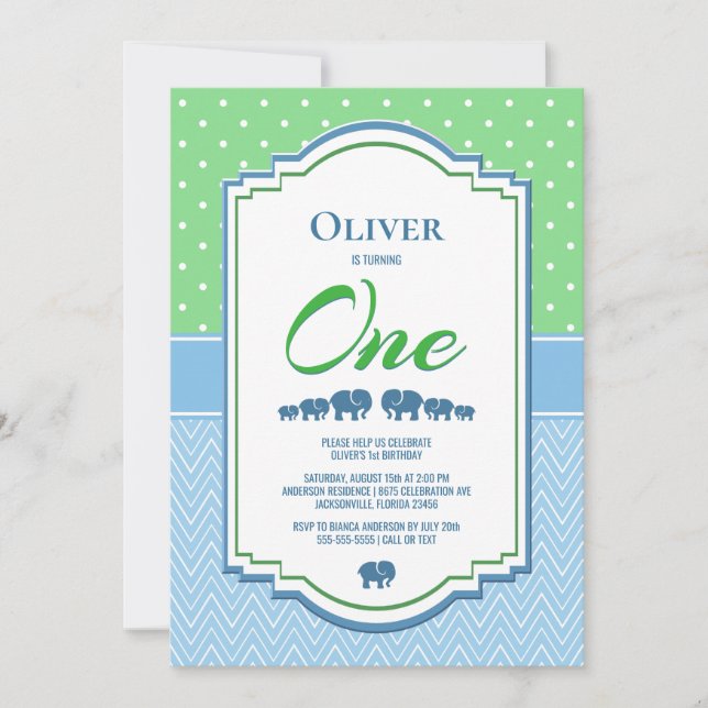 Invitación 1.ᵉʳ Fiesta de cumpleaños Elefantes Azules (Anverso)
