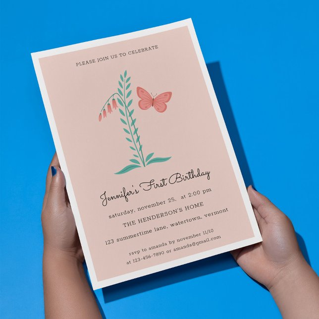 Invitación 1.ᵉʳ Fiesta de cumpleaños Floral Mariposa Botánica (Subido por el creador)