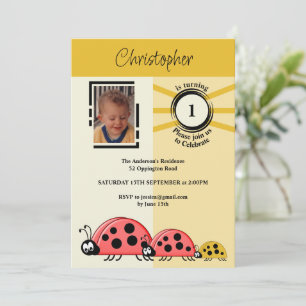 Invitación 1.ᵉʳ fiesta de cumpleaños foto ladybugs crema de o
