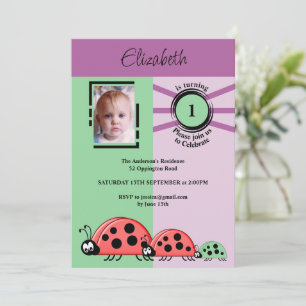 Invitación 1.ᵉʳ fiesta de cumpleaños foto ladybugs púrpura ve