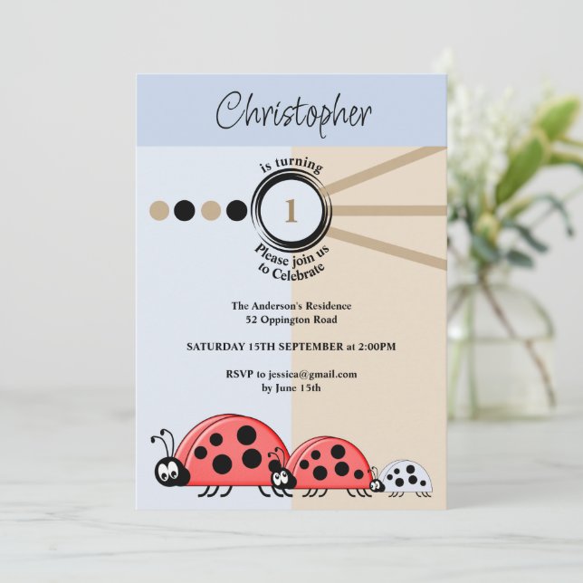 Invitación 1.ᵉʳ fiesta de cumpleaños ladybugs azul marrón cel (Anverso de pie)