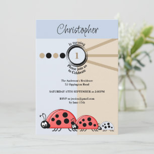 Invitación 1.ᵉʳ fiesta de cumpleaños ladybugs azul marrón cel