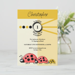 Invitación 1.ᵉʳ fiesta de cumpleaños ladybugs crema de oro ce