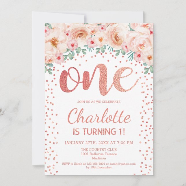 Invitación 1.ᵉʳ Fiesta de cumpleaños - Oro rosa blanco (Anverso)