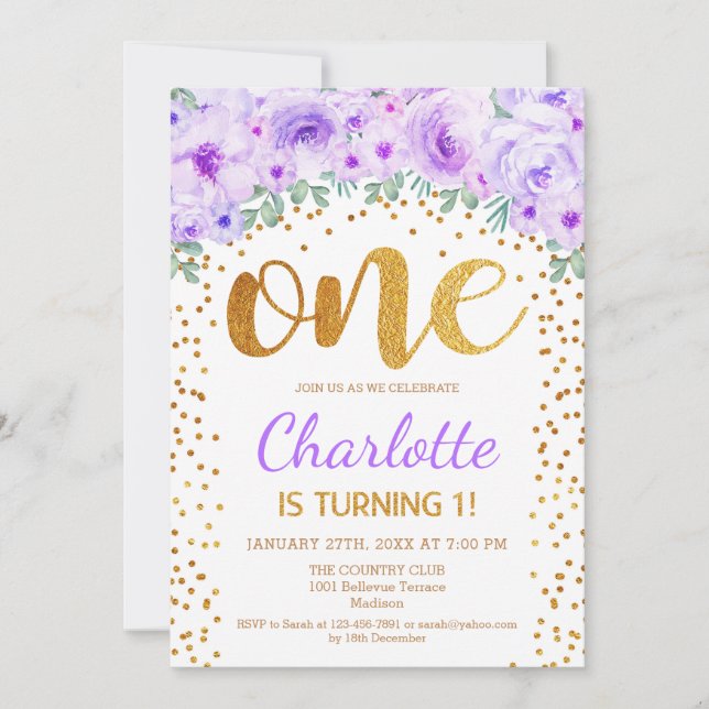 Invitación 1.ᵉʳ Fiesta de cumpleaños - Púrpura de oro blanco (Anverso)