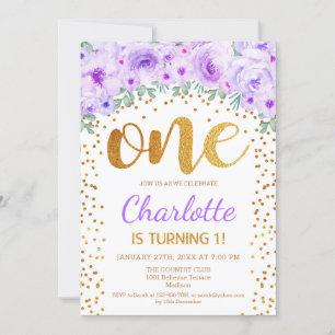 Invitación 1.ᵉʳ Fiesta de cumpleaños - Púrpura de oro blanco