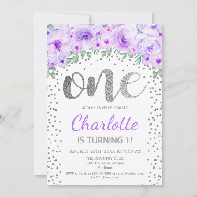 Invitación 1.ᵉʳ Fiesta de cumpleaños - Púrpura de Plata Blanc (Anverso)