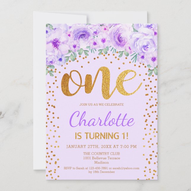 Invitación 1.ᵉʳ Fiesta de cumpleaños - Púrpura dorada (Anverso)