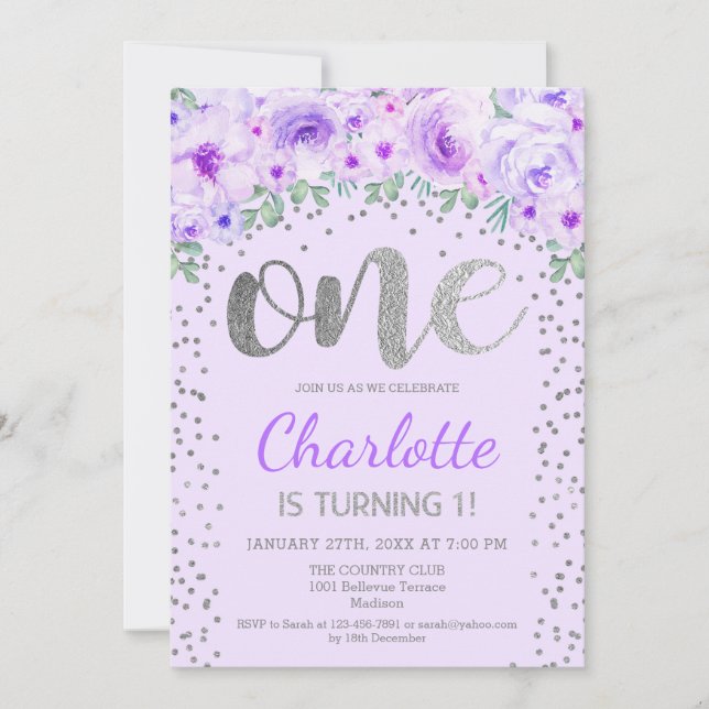 Invitación 1.ᵉʳ Fiesta de cumpleaños - Púrpura plateado (Anverso)