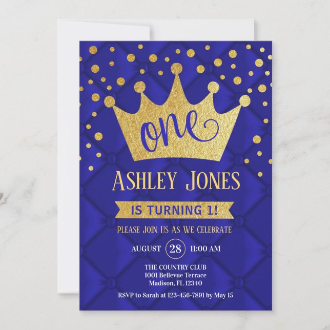 Invitación 1.ᵉʳ Fiesta de cumpleaños - Royal Blue Gold (Anverso)