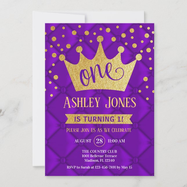 Invitación 1.ᵉʳ Fiesta de cumpleaños - Royal Purple Gold (Anverso)