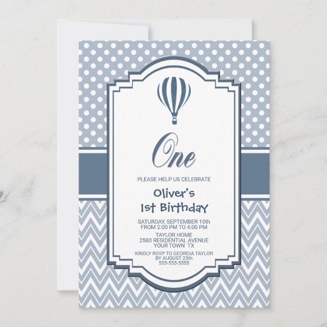 Invitación 1.ᵉʳ Fiesta de globo aerostático gris de cumpleaño (Anverso)