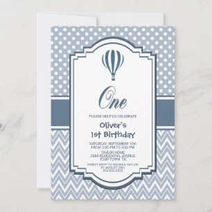 Invitación 1.ᵉʳ Fiesta de globo aerostático gris de cumpleaño