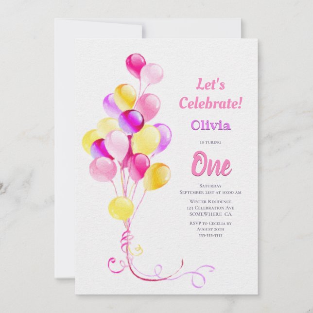 Invitación 1.ᵉʳ Fiesta de globos rosados de cumpleaños (Anverso)