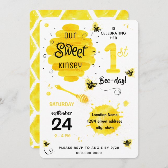 Invitación 1.ᵉʳ fiesta de la abeja miel de cumpleaños (Anverso / Reverso)