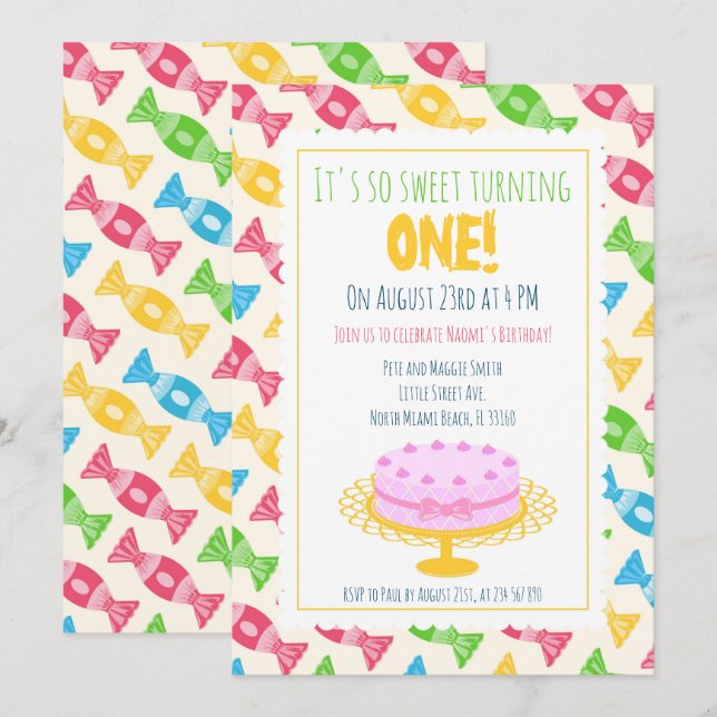 Invitación 1.ᵉʳ fiesta de la torta rosada de cumpleaños (Anverso / Reverso)