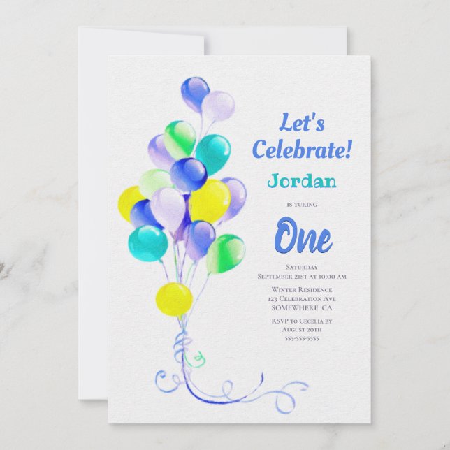 Invitación 1.ᵉʳ Fiesta de los globos azules de cumpleaños (Anverso)