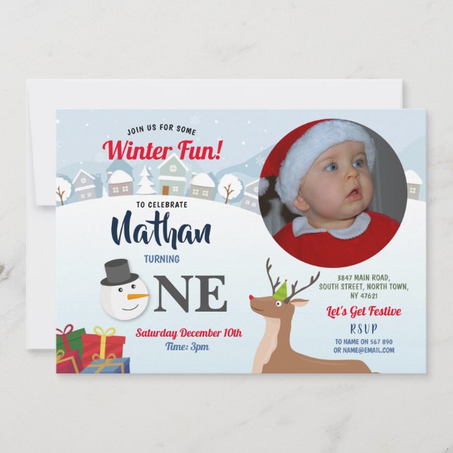 Invitación 1.ᵉʳ Fiesta de Navidades de cumpleaños Foto Snowma (Anverso)