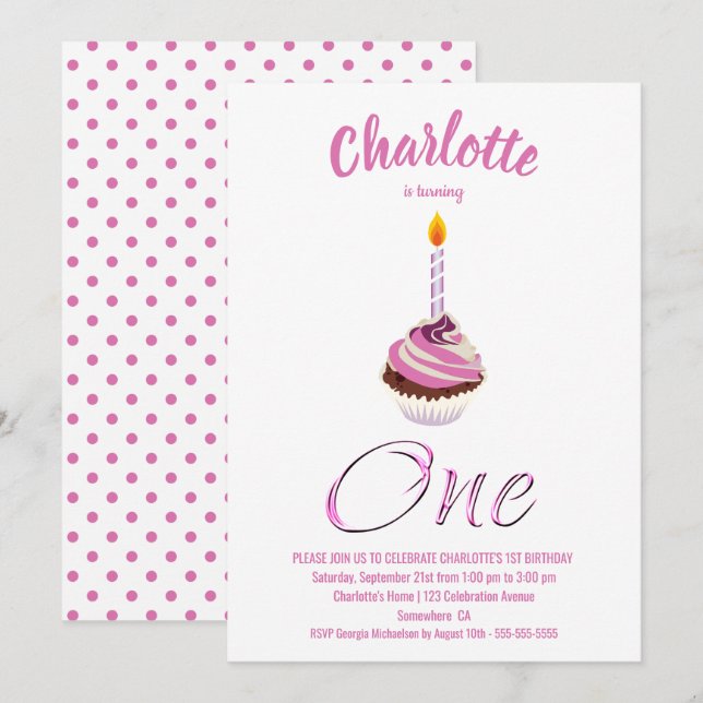 Invitación 1.ᵉʳ Fiesta de tartas rosadas de cumpleaños (Anverso / Reverso)
