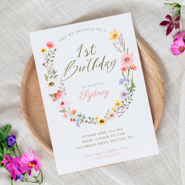 Invitación 1.ᵉʳ Fiesta del Jardín de Nacimientos (1st Birthday Garden Party Wildflower Watercolor Invitation)