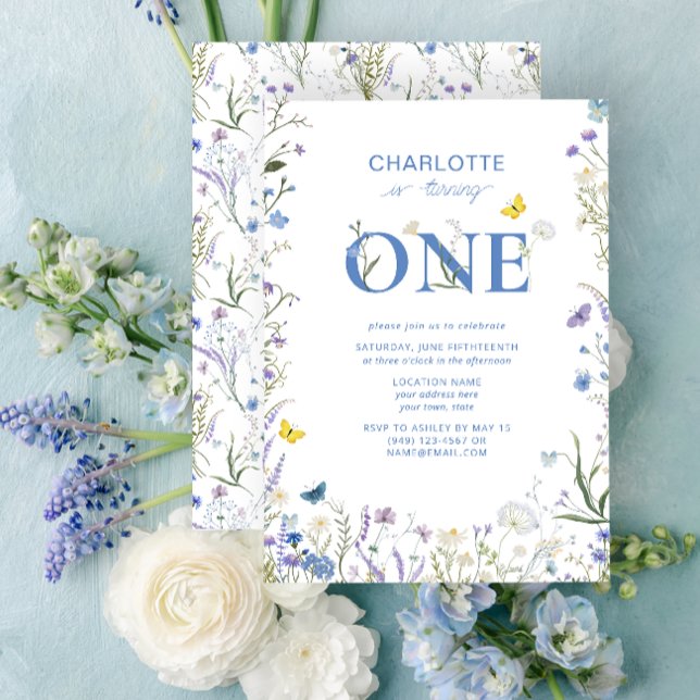 Invitación 1.ᵉʳ Jardín de Flores Silvestres Azules de Cumplea (1st Birthday Invitation)