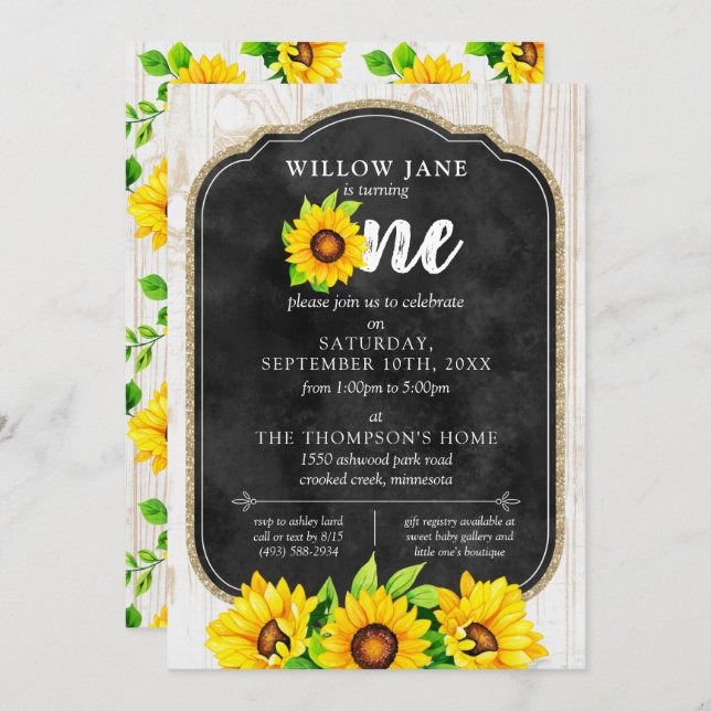 Invitación 1.ᵉʳ Nacimiento Granja de Sunflower y Rustic Wood  (Anverso / Reverso)