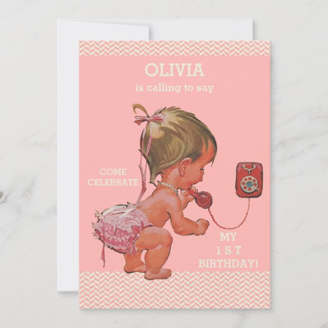 Invitación 1.ᵉʳ Nacimiento Niña por teléfono Chevrons rosados (Anverso)