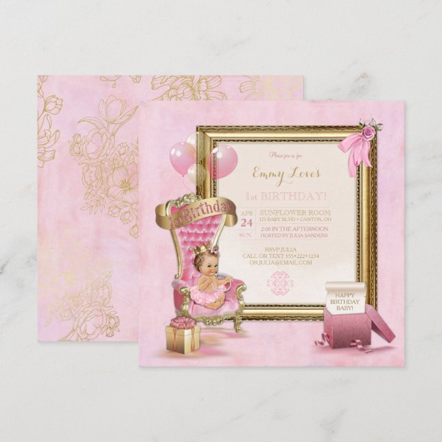 Invitación 1.ᵉʳ Nacimiento Niña Princesa Throne Gold Pink (Anverso / Reverso)