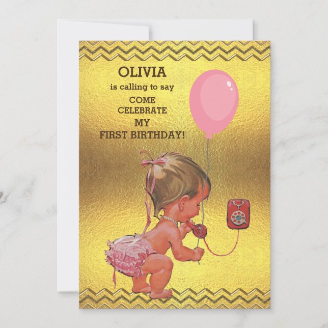 Invitación 1.ᵉʳ Nacimiento Niña Teléfono Globo Chevrons de or (Anverso)