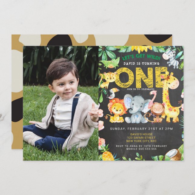 Invitación 1.ᵉʳ Nacimiento Safari Chalkboard Jungle Picture (Anverso / Reverso)