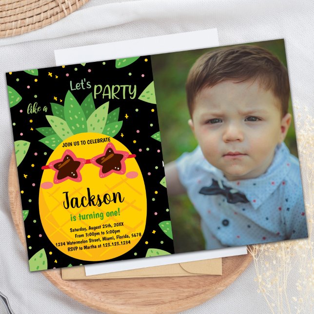 Invitación 1.ᵉʳ Naranja negro piña Fotos de cumpleaños con (1st Black Orange Pineapple Birthday w photo Invitation)
