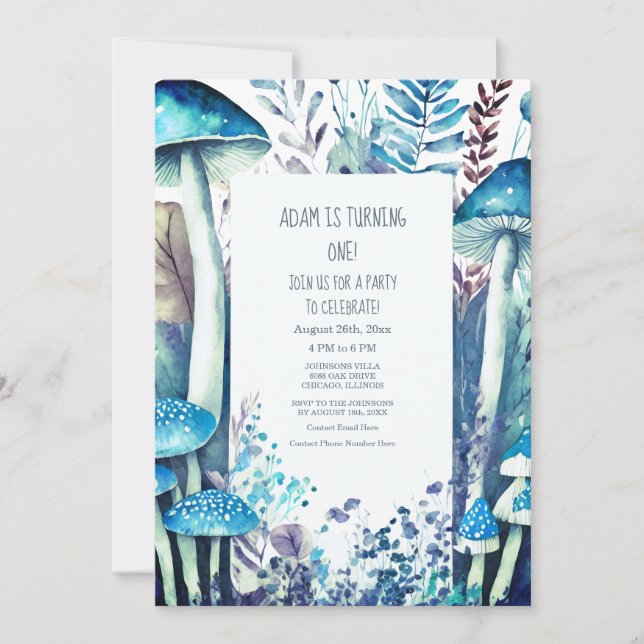 Invitación 1.ᵉʳ Partido de Cumpleaños Bosques Mushroom Blue W (Anverso)