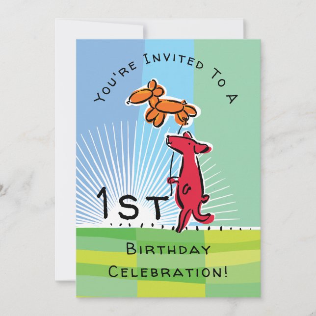 Invitación 1.ᵉʳ Perro rojo de cumpleaños con Fiesta de globo  (Anverso)