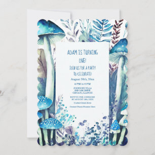 Invitación 1.ᵉʳ primer cumpleaños Blue White Mushroom Woods