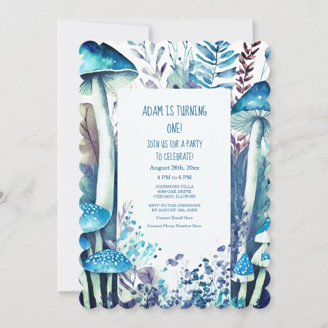Invitación 1.ᵉʳ primer cumpleaños Blue White Mushroom Woods (Anverso)