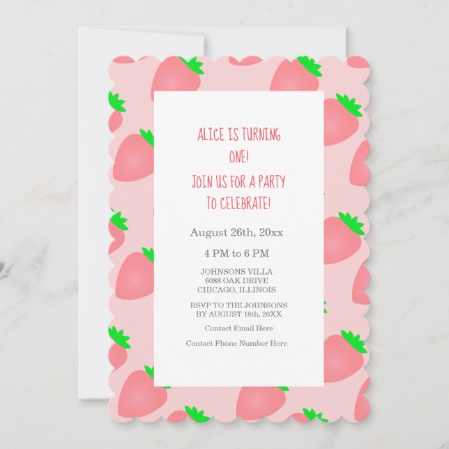 Invitación 1.ᵉʳ primer cumpleaños de verano Fresa niña (Anverso)