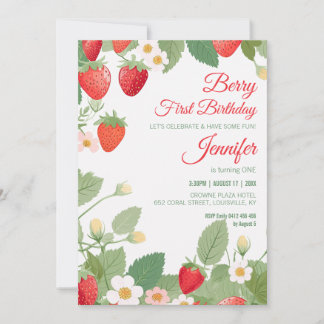 Invitación 1.ᵉʳ Primer cumpleaños del tema de fresa Berry