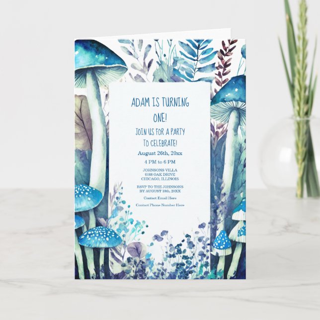 Invitación 1.ᵉʳ primer cumpleaños Fiesta Blue White Mushroom  (Anverso)