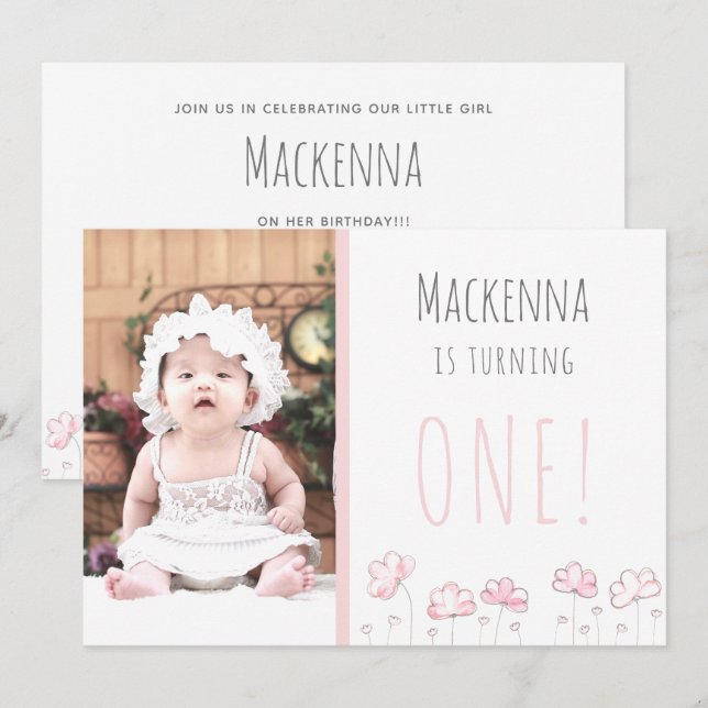 Invitación 1.ᵉʳ primer cumpleaños foto de Chicas simples rosa (Anverso / Reverso)